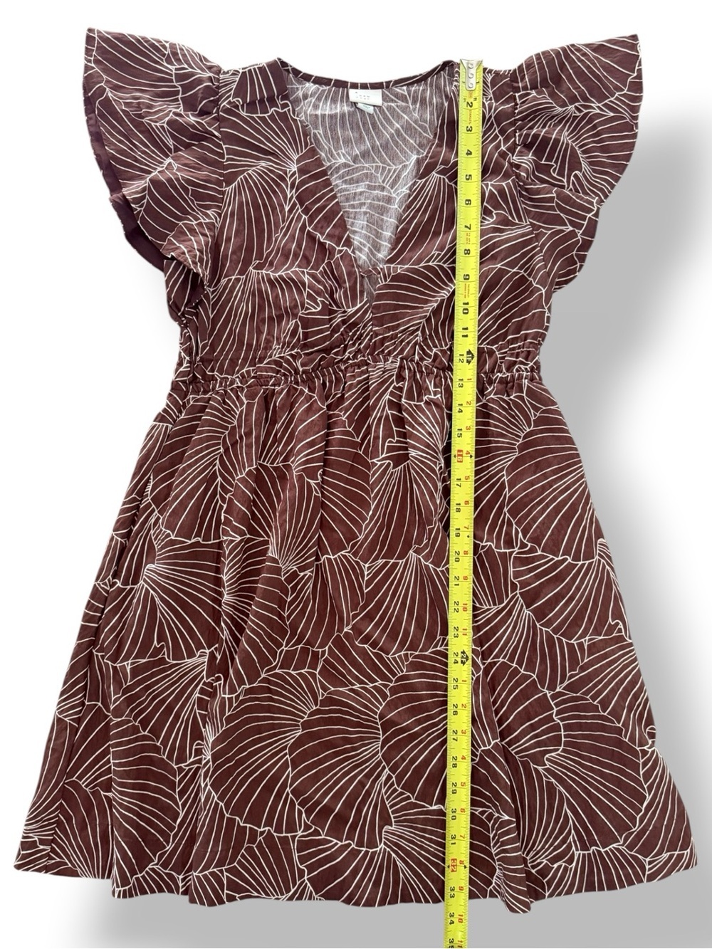 A New Day Brown Leaf Print Mini Dress Small Flutter Sleeve V-Neck - Picture 6 of 8